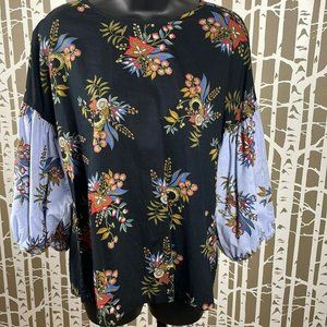 LOFT Mixed Floral Printed Bubble Sleeve Boho Button Back Blouse Top sz XS